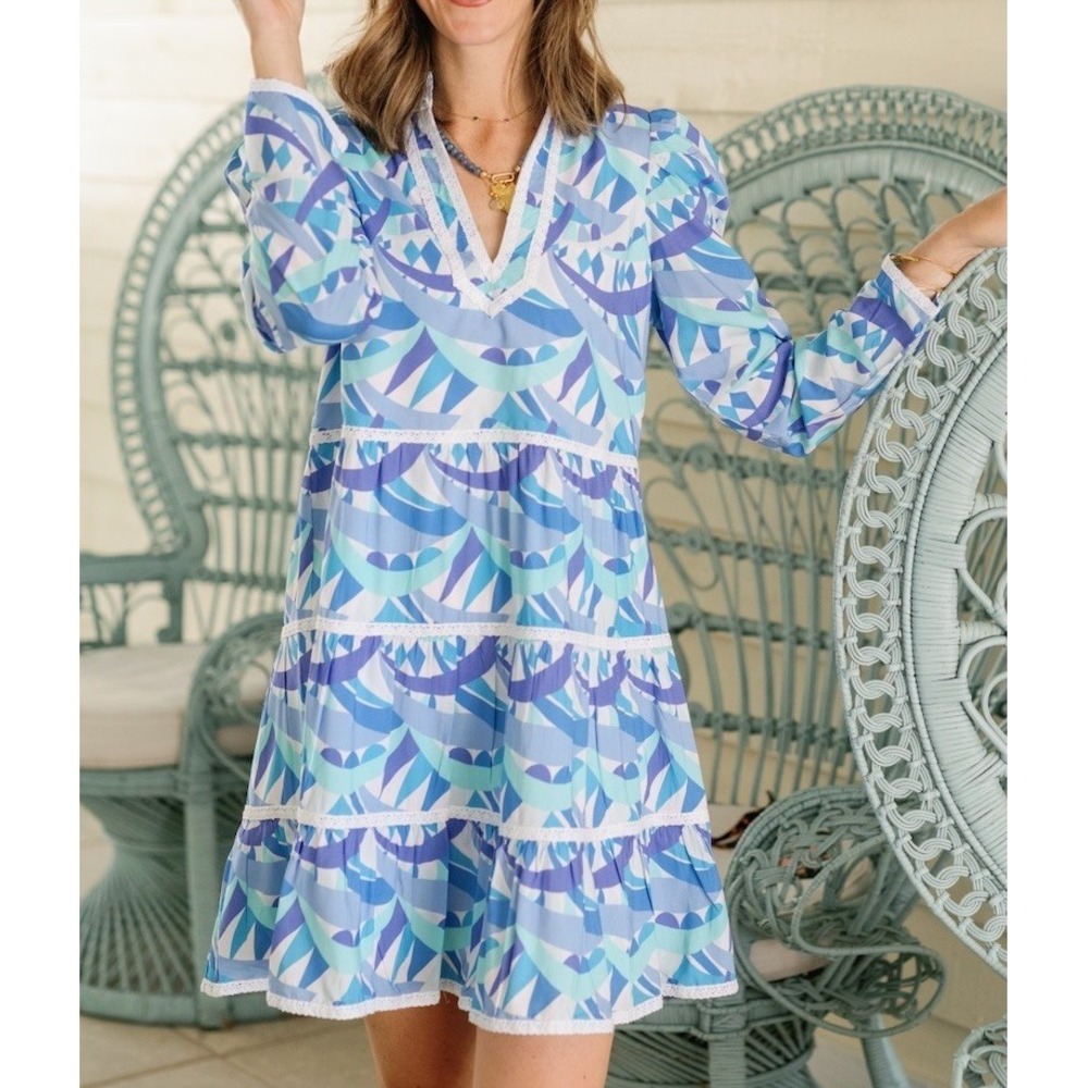 Sail to Sable Women's Penelope Long Sleeve Flare Ruffle Mini Dress Blue Sz Small